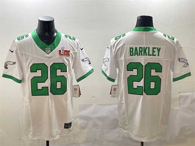 Men's Philadelphia Eagles #26 Saquon Barkley White 2025 Super Bowl LIX Patch F.U.S.E. Vapor Untouchable Limited Stitched Jersey,We sell and wholesale Men's Philadelphia Eagles #26 Saquon Barkley White 2025 Super Bowl LIX Patch F.U.S.E. Vapor Untouchable Limited Stitched Jersey on line form chian!